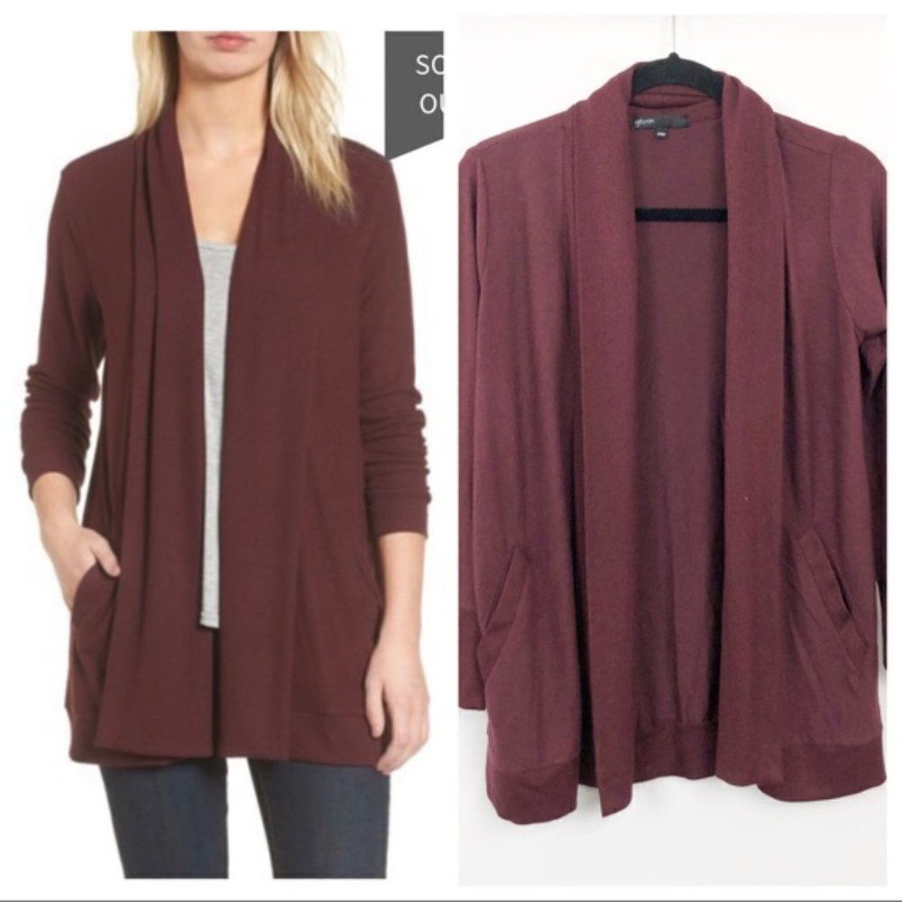 Gibson Cozy Ribbed Open-Front Cardigan size Petite XS in Burgundy